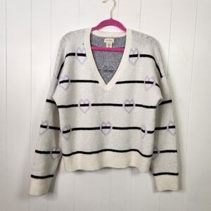 Jessica Simpson White Purple Stripe V-Neck Sweater Fuzzy Stretchy Size XL New